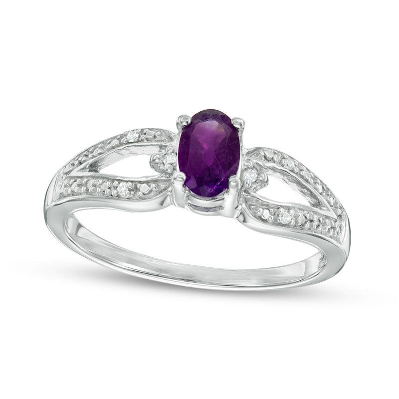 Image of ID 1 Oval Amethyst and Natural Diamond Accent Split Shank Ring in Sterling Silver