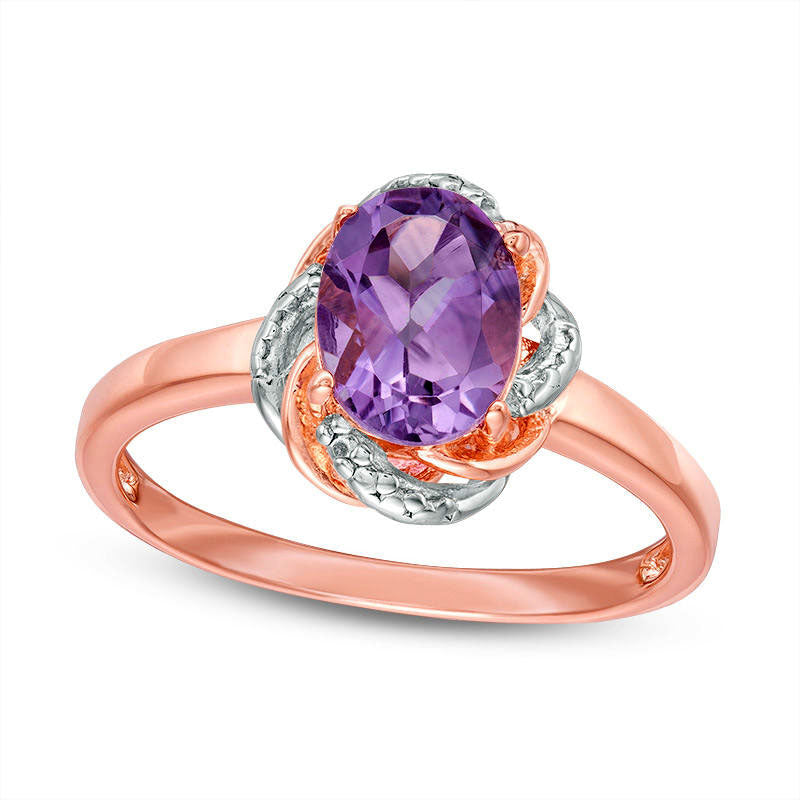 Image of ID 1 Oval Amethyst and Natural Diamond Accent Swirl Frame Ring in Sterling Silver with Solid 18K Rose Gold Plate