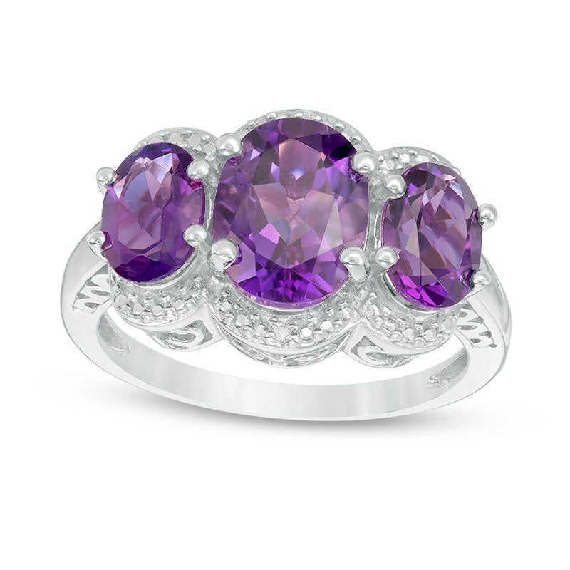 Image of ID 1 Oval Amethyst and Natural Diamond Accent Three Stone Frame Ring in Sterling Silver