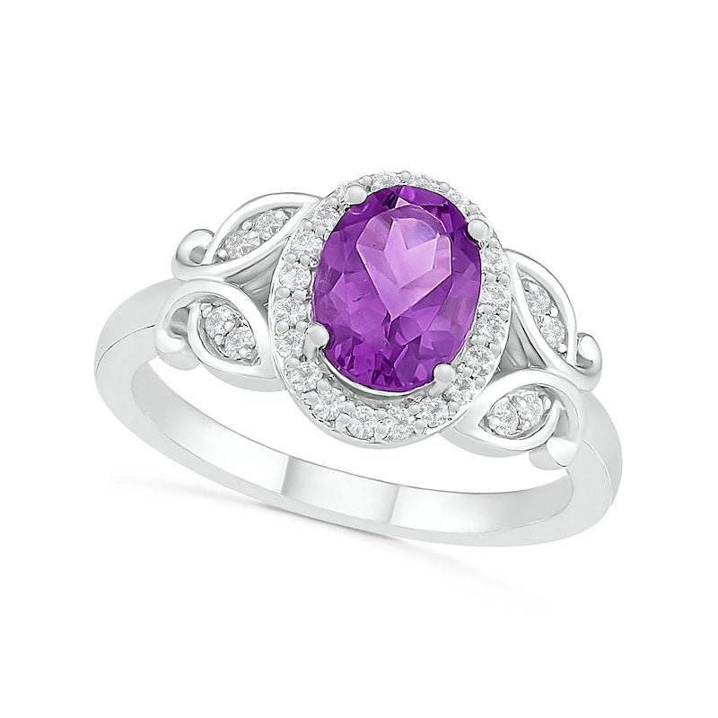 Image of ID 1 Oval Amethyst and White Lab-Created Sapphire Frame Leaf-Sides Ring in Sterling Silver