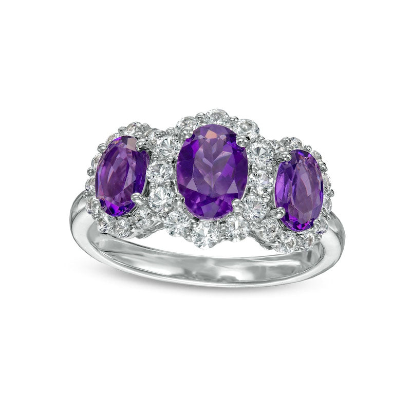 Image of ID 1 Oval Amethyst and White Lab-Created Sapphire Frame Three Stone Ring in Sterling Silver