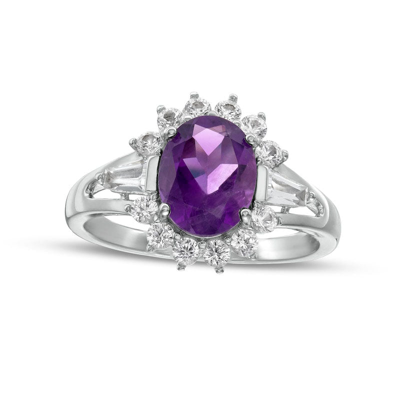 Image of ID 1 Oval Amethyst and White Lab-Created Sapphire Starburst Frame Split Shank Ring in Sterling Silver