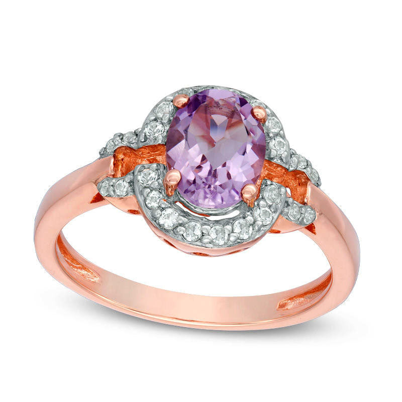 Image of ID 1 Oval Amethyst and White Topaz Buckle Frame Ring in Sterling Silver with Solid 14K Rose Gold Plate