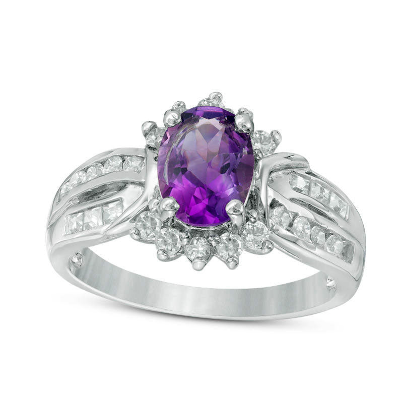 Image of ID 1 Oval Amethyst and White Topaz Frame Double Row Ring in Sterling Silver