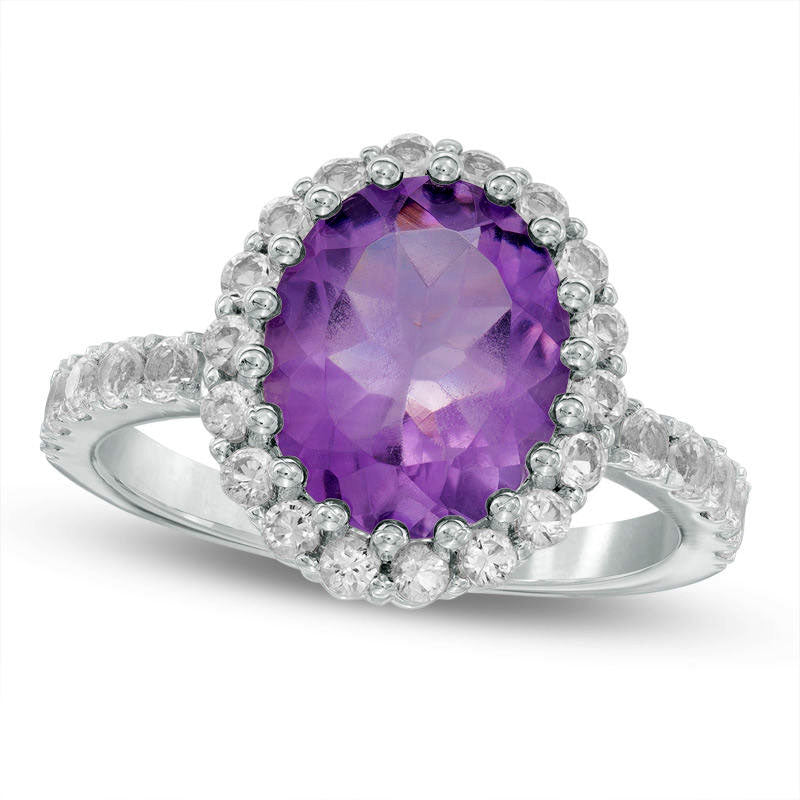 Image of ID 1 Oval Amethyst and White Topaz Frame Ring in Sterling Silver