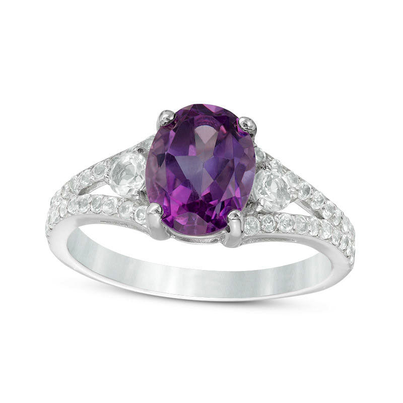 Image of ID 1 Oval Amethyst and White Topaz Split Shank Ring in Sterling Silver