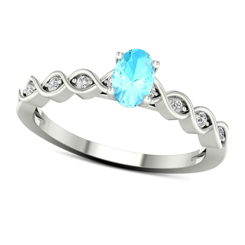 Image of ID 1 Oval Aquamarine and 007 CT TW Natural Diamond Cascading Ribbon Shank Ring in Solid 10K White Gold