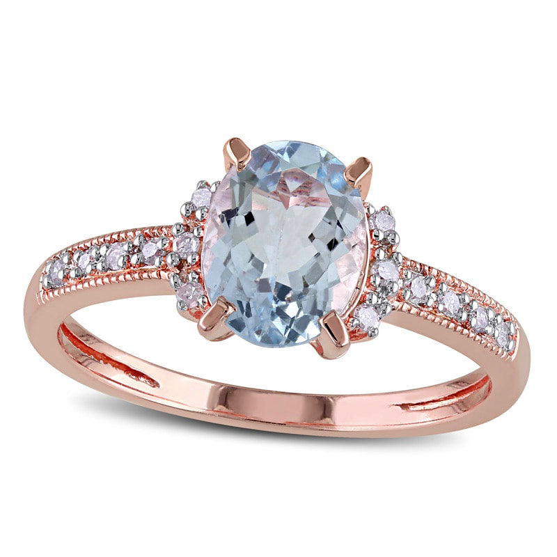 Image of ID 1 Oval Aquamarine and 007 CT TW Natural Diamond Ring in Rose Rhodium Sterling Silver