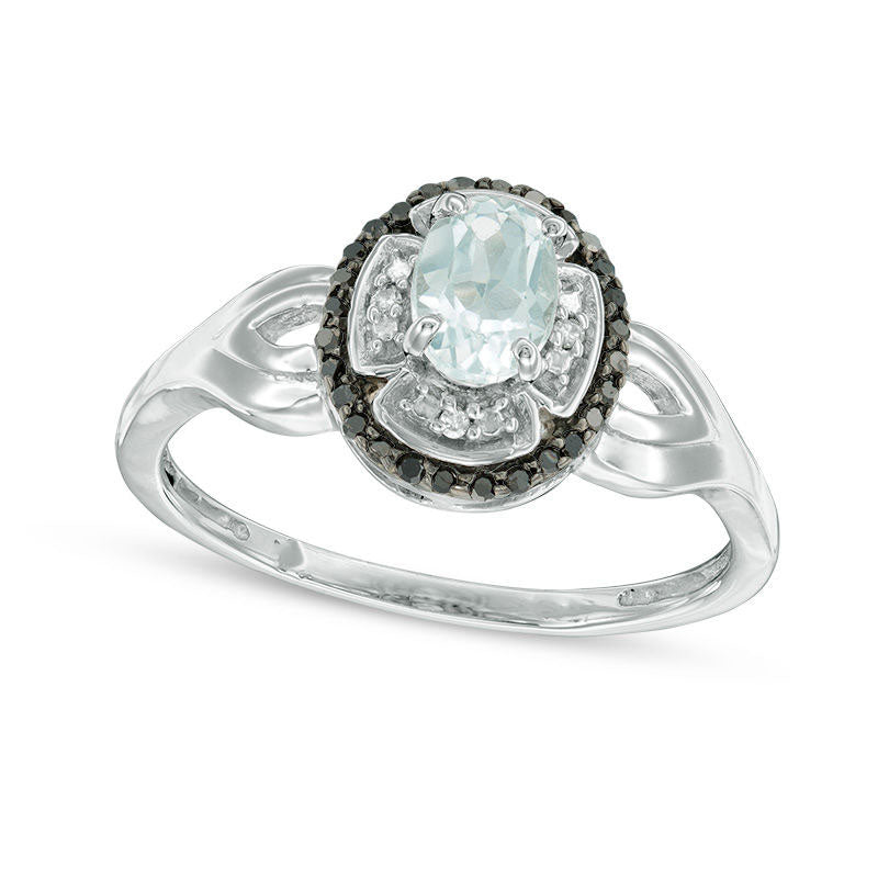 Image of ID 1 Oval Aquamarine and 010 CT TW Enhanced Black and White Natural Diamond Frame Ring in Solid 10K White Gold