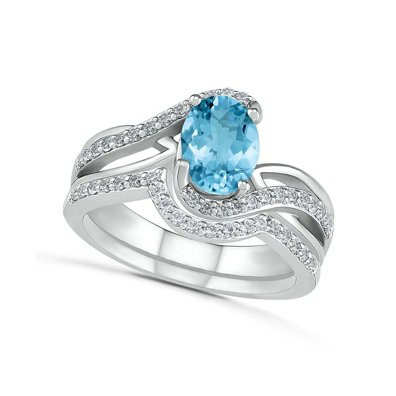 Image of ID 1 Oval Aquamarine and 010 CT TW Natural Diamond Bypass Split Shank Bridal Engagement Ring Set in Sterling Silver