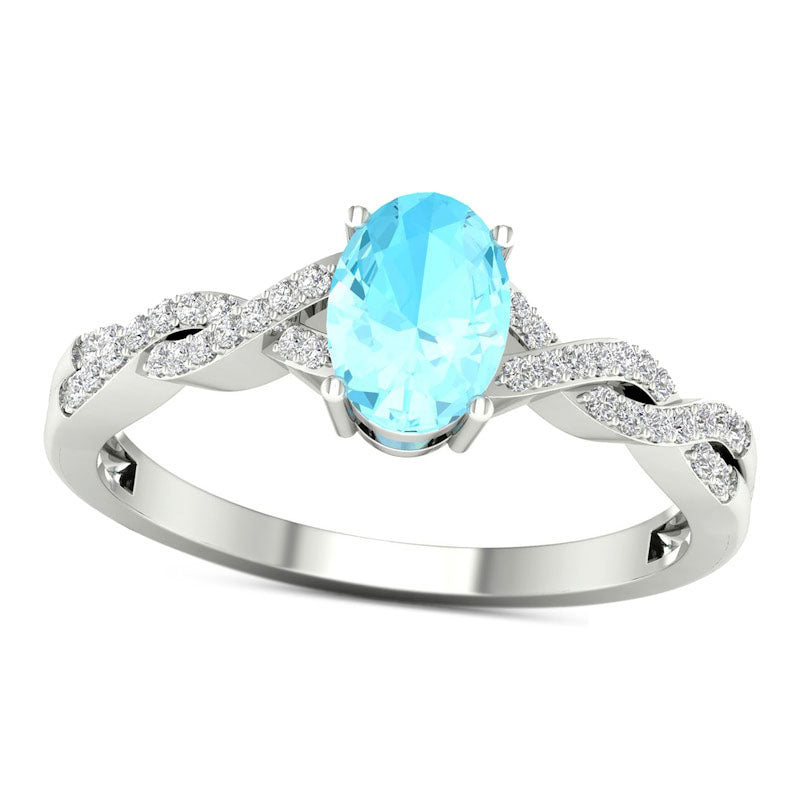 Image of ID 1 Oval Aquamarine and 010 CT TW Natural Diamond Twist Shank Ring in Solid 10K White Gold