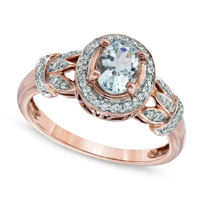 Image of ID 1 Oval Aquamarine and 017 CT TW Natural Diamond Frame Vine Ring in Solid 10K Rose Gold