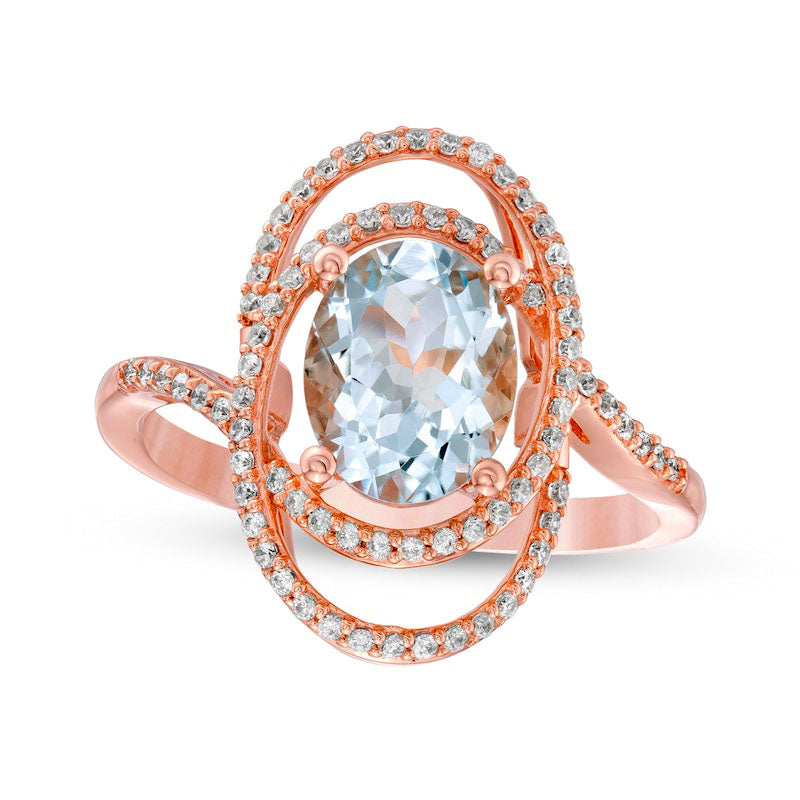 Image of ID 1 Oval Aquamarine and 025 CT TW Natural Diamond Orbit Frame Bypass Shank Ring in Solid 10K Rose Gold