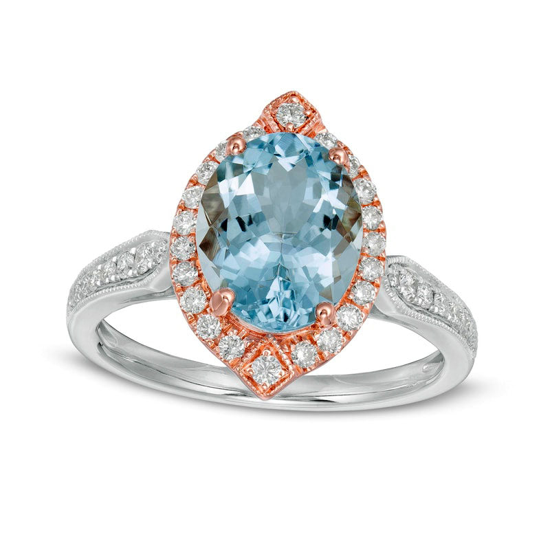 Image of ID 1 Oval Aquamarine and 033 CT TW Natural Diamond Ornate Marquise Frame Double Row Art Deco Ring in Solid 14K Two-Tone Gold