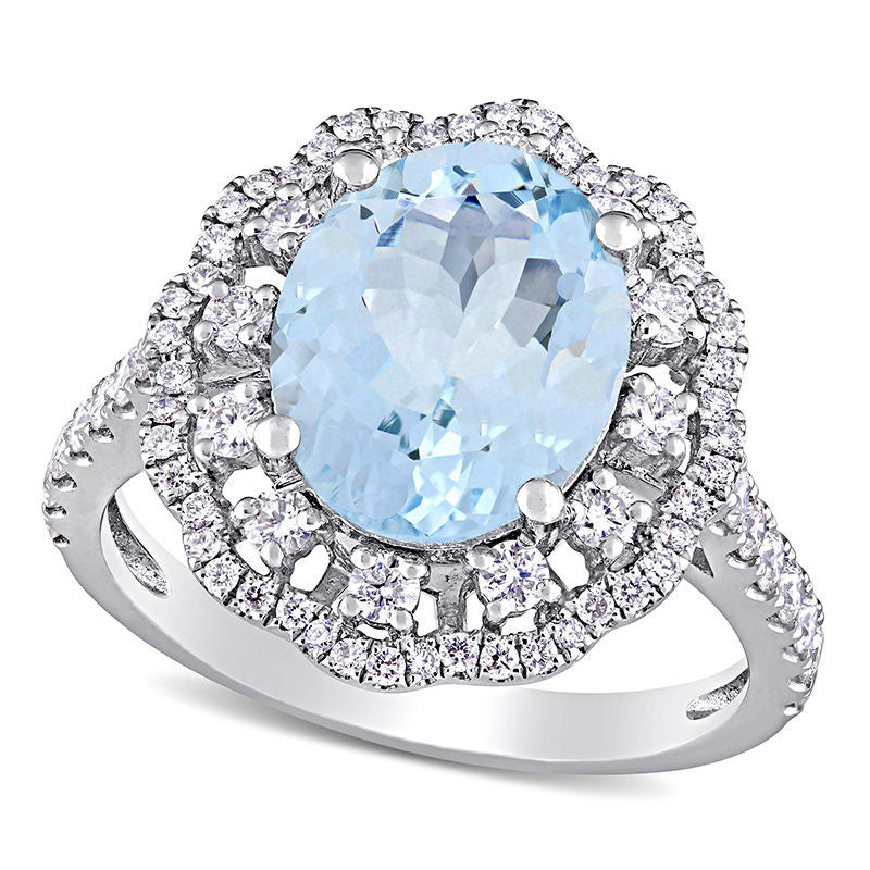 Image of ID 1 Oval Aquamarine and 075 CT TW Natural Diamond Double Scallop Frame Floral Ring in Solid 14K White Gold