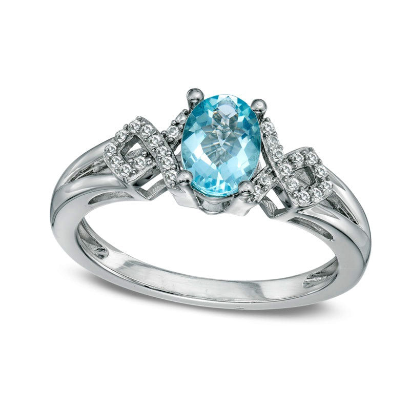 Image of ID 1 Oval Aquamarine and Lab-Created White Sapphire Split Shank Ring in Sterling Silver