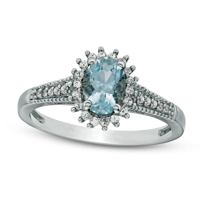 Image of ID 1 Oval Aquamarine and Lab-Created White Sapphire Starburst Frame Antique Vintage-Style Ring in Sterling Silver
