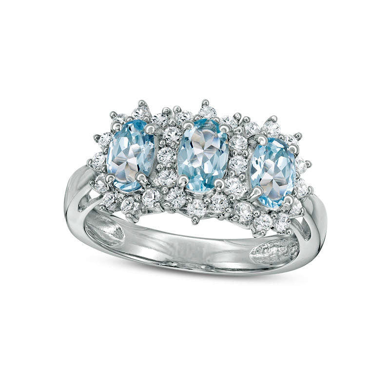 Image of ID 1 Oval Aquamarine and Lab-Created White Sapphire Three Stone Ring in Sterling Silver