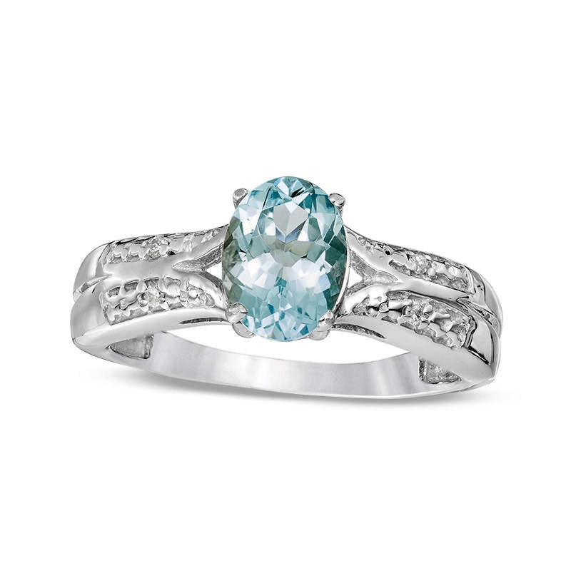 Image of ID 1 Oval Aquamarine and Natural Diamond Accent Ring in Solid 10K White Gold