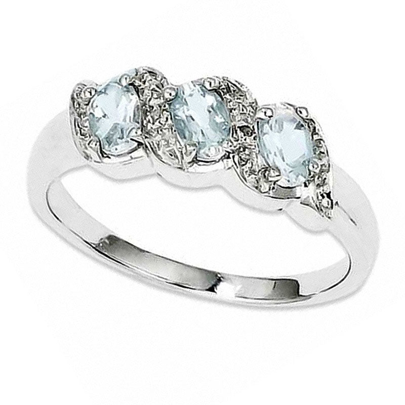 Image of ID 1 Oval Aquamarine and Natural Diamond Accent Three Stone Ring in Sterling Silver - Size 7