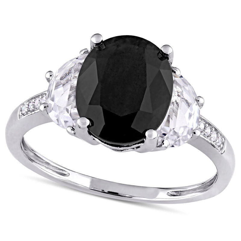 Image of ID 1 Oval Black Sapphire Half-Moon Lab-Created White Sapphire and Diamond Accent Three Stone Ring in Sterling Silver
