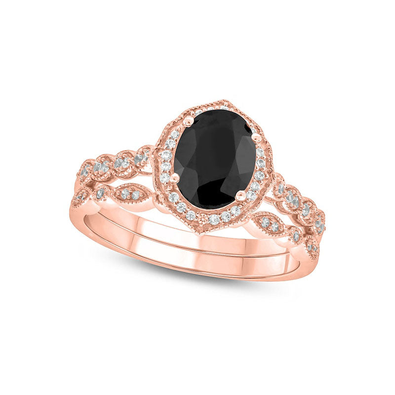 Image of ID 1 Oval Black Sapphire and 017 CT TW Natural Diamond Quatrefoil Frame Art Deco Antique Vintage-Style Bridal Engagement Ring Set in Solid 10K Rose Gold