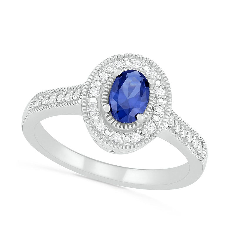 Image of ID 1 Oval Blue Lab-Created Sapphire and 005 CT TW Diamond Frame Antique Vintage-Style Ring in Sterling Silver