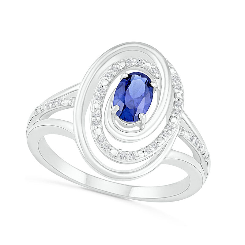Image of ID 1 Oval Blue Lab-Created Sapphire and 007 CT TW Diamond Swirl Frame Triple Row Split Shank Ring in Sterling Silver