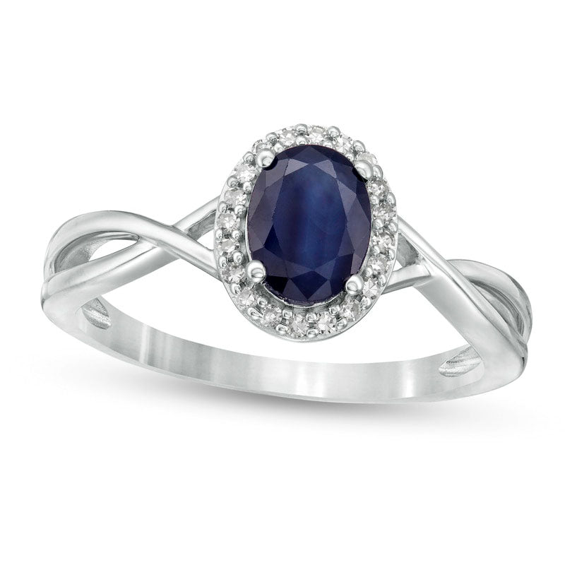Image of ID 1 Oval Blue Sapphire and 007 CT TW Natural Diamond Frame Twist Shank Ring in Solid 10K White Gold