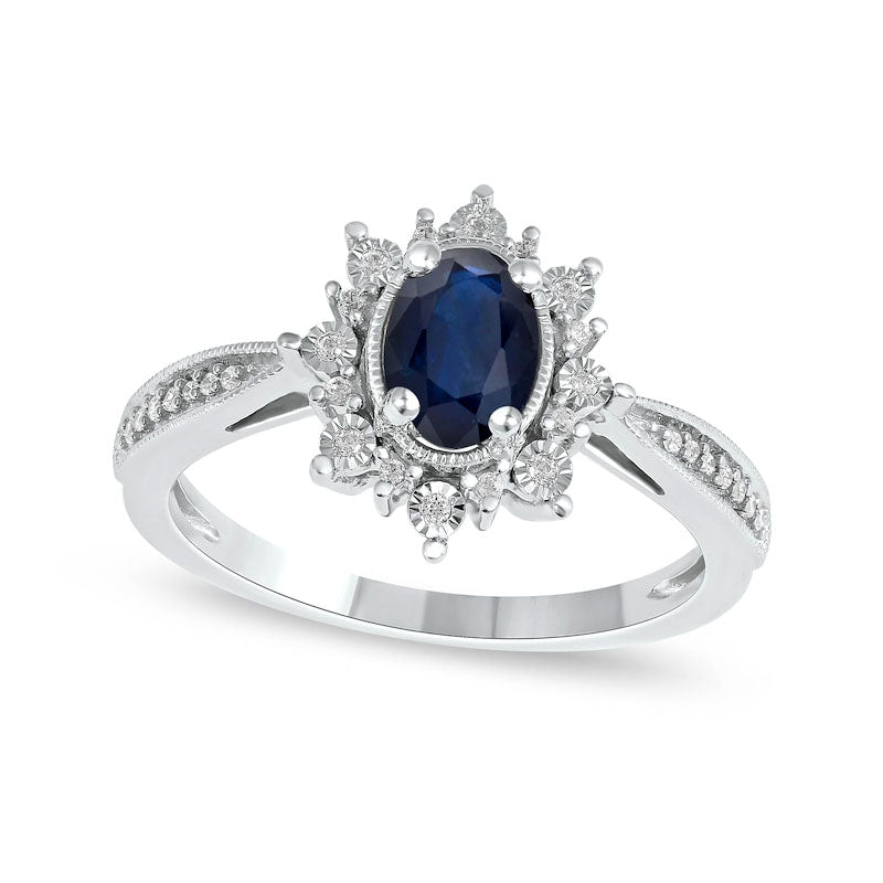 Image of ID 1 Oval Blue Sapphire and 010 CT TW Natural Diamond Sunburst Frame Antique Vintage-Style Tapered Shank Ring in Solid 10K White gold