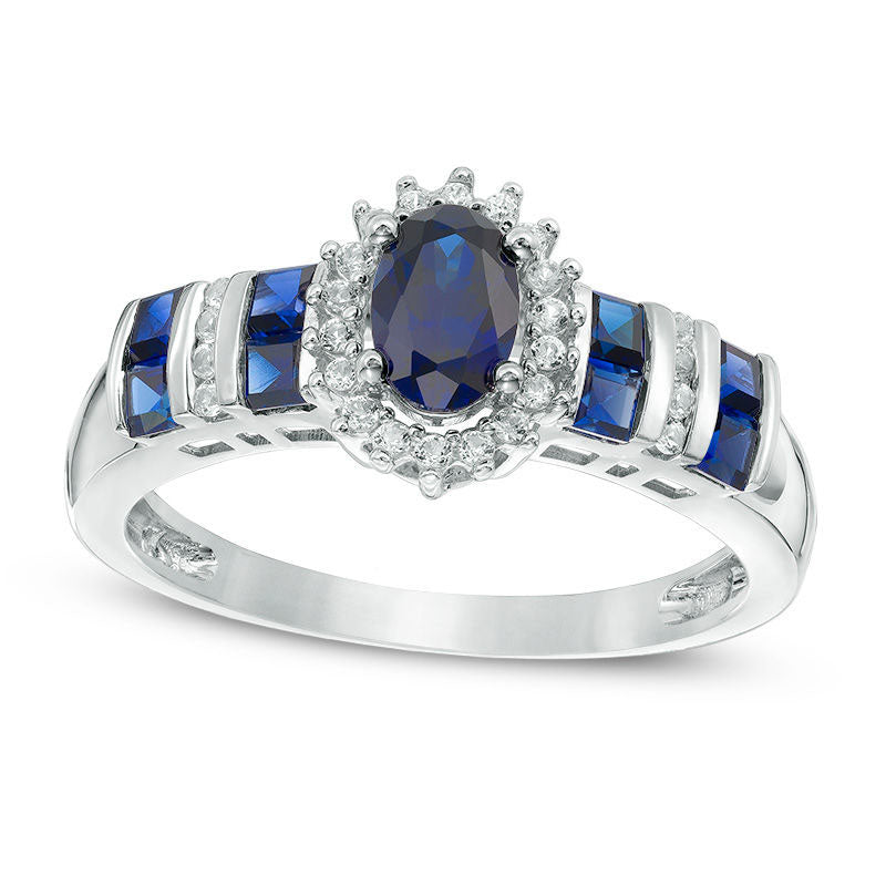 Image of ID 1 Oval Blue Sapphire and 010 CT TW Natural Diamond Sunburst Frame Ring in Solid 14K White Gold