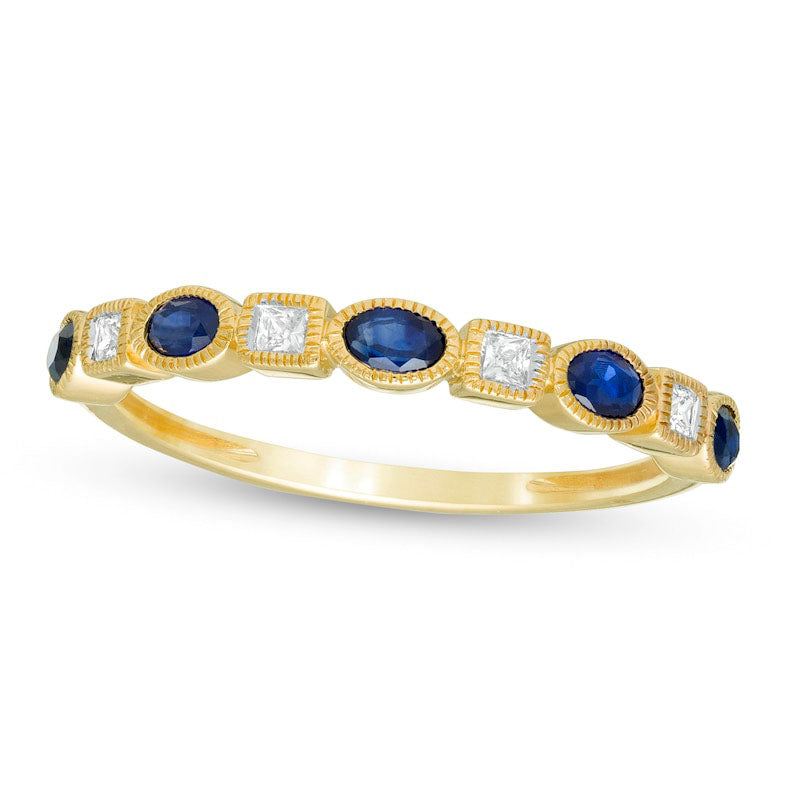 Image of ID 1 Oval Blue Sapphire and 010 CT TW Princess-Cut Natural Diamond Four Stone Art Deco Stackable Ring in Solid 10K Yellow Gold