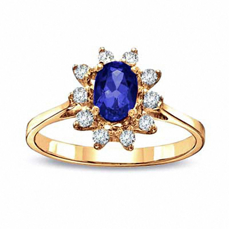 Image of ID 1 Oval Blue Sapphire and 013 CT TW Natural Diamond Engagement Ring in Solid 14K Gold