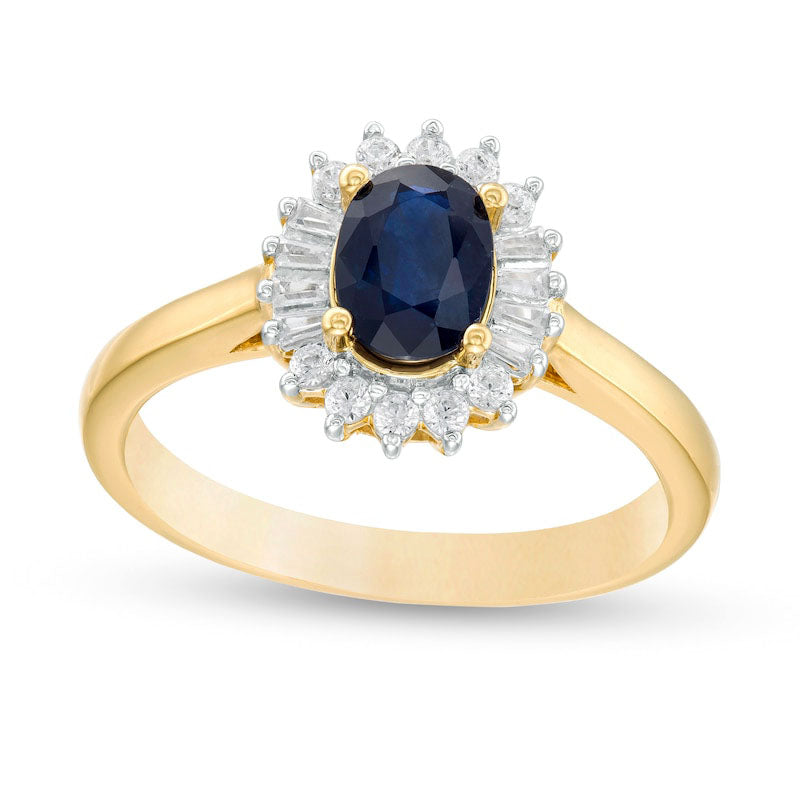 Image of ID 1 Oval Blue Sapphire and 020 CT TW Baguette and Round Natural Diamond Starburst Frame Ring in Solid 10K Yellow Gold