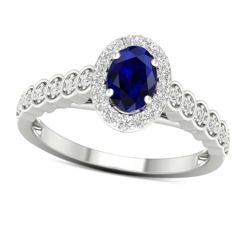 Image of ID 1 Oval Blue Sapphire and 020 CT TW Natural Diamond Frame Scallop Shank Ring in Solid 10K White Gold