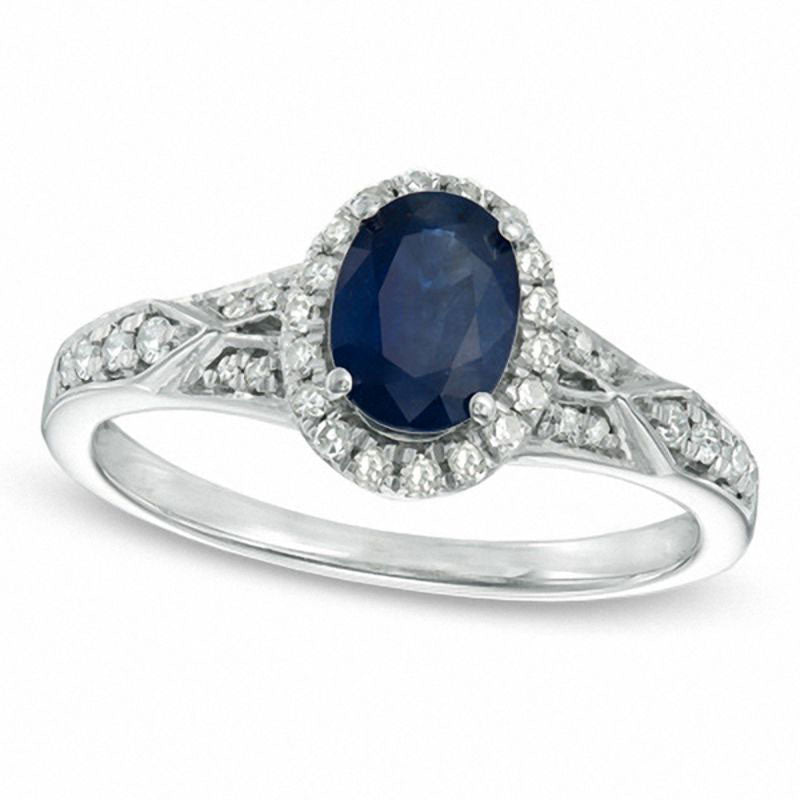 Image of ID 1 Oval Blue Sapphire and 020 CT TW Natural Diamond Ring in Sterling Silver
