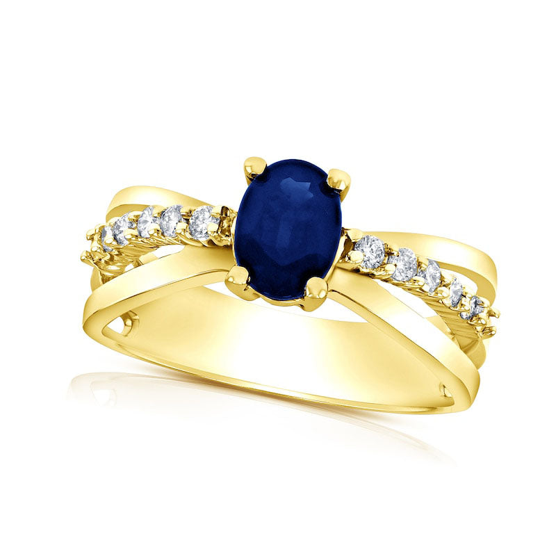 Image of ID 1 Oval Blue Sapphire and 020 CT TW Natural Diamond Triple Row Split Shank Ring in Solid 14K Gold