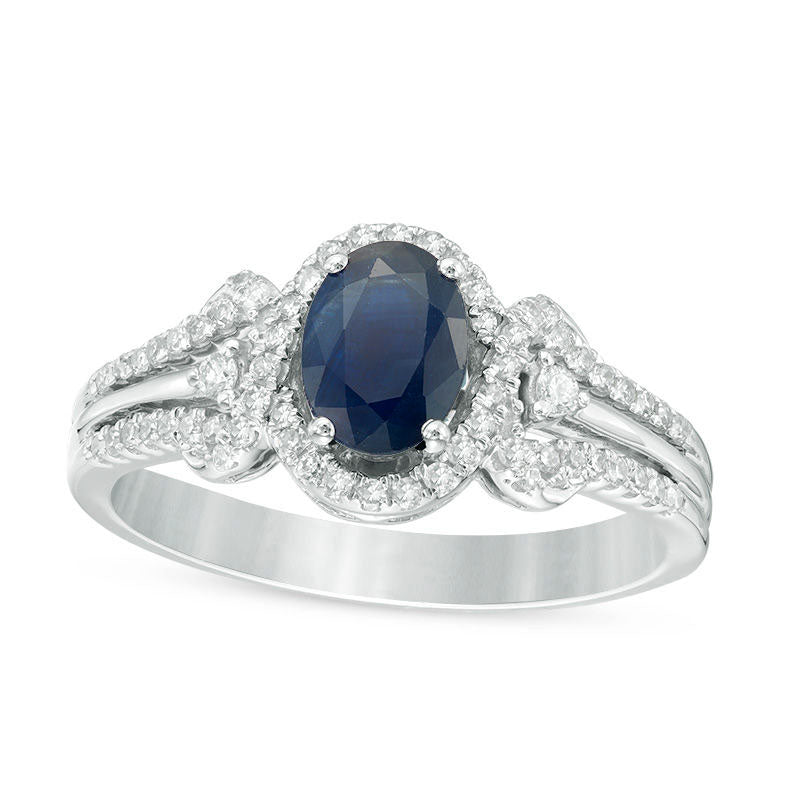 Image of ID 1 Oval Blue Sapphire and 025 CT TW Natural Diamond Frame Ring in Solid 10K White Gold