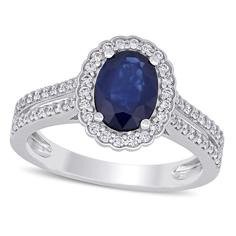 Image of ID 1 Oval Blue Sapphire and 033 CT TW Natural Diamond Scallop Frame Double Row Ring in Solid 14K White Gold