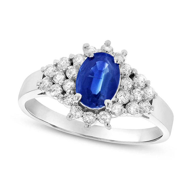 Image of ID 1 Oval Blue Sapphire and 033 CT TW Natural Diamond Starburst Cluster Frame Ring in Solid 14K White Gold