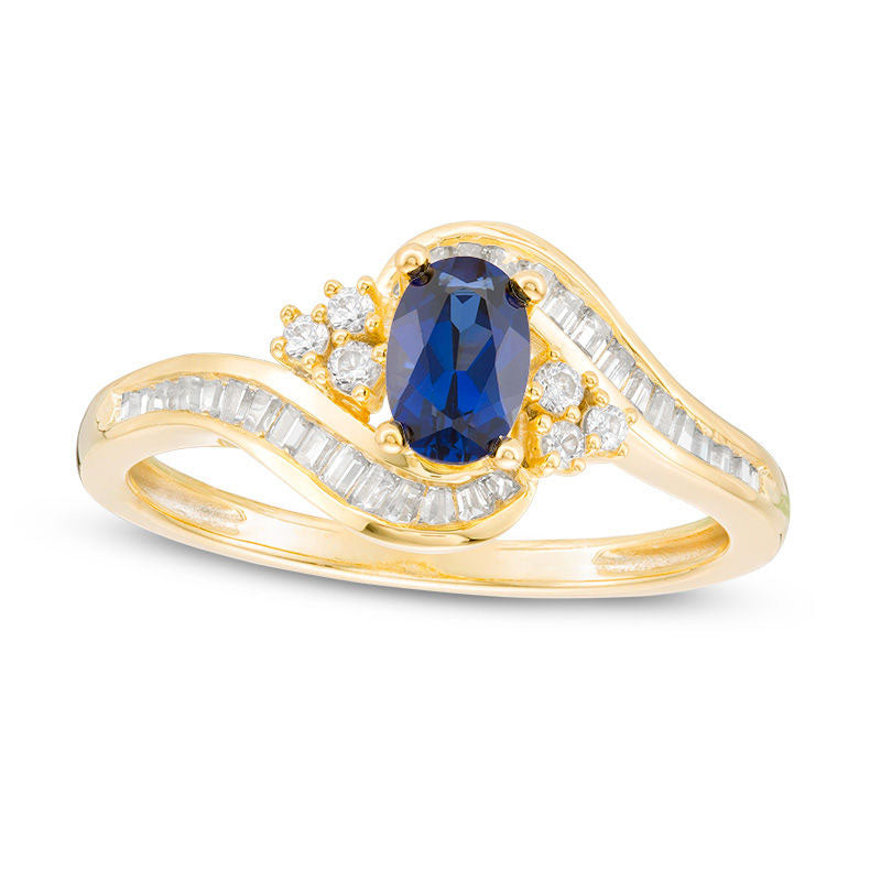 Image of ID 1 Oval Blue Sapphire and 033 CT TW Natural Diamond Tri-Sides Bypass Ring in Solid 10K Yellow Gold
