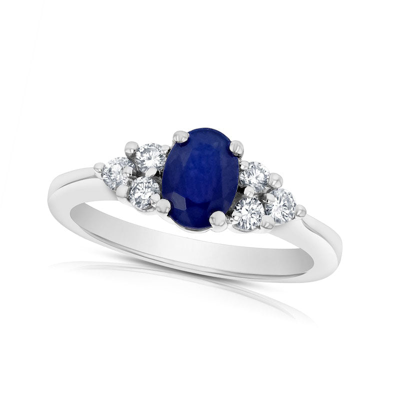 Image of ID 1 Oval Blue Sapphire and 033 CT TW Natural Diamond Tri-Sides Engagement Ring in Solid 14K White Gold