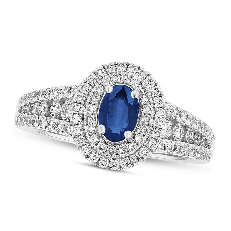 Image of ID 1 Oval Blue Sapphire and 063 CT TW Natural Diamond Double Frame Split Shank Engagement Ring in Solid 18K White Gold