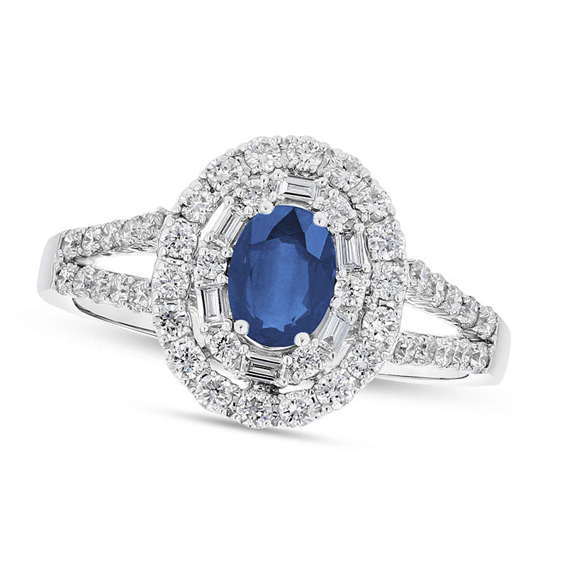 Image of ID 1 Oval Blue Sapphire and 063 CT TW Natural Diamond Double Geometric Frame Split Shank Engagement Ring in Solid 18K White Gold