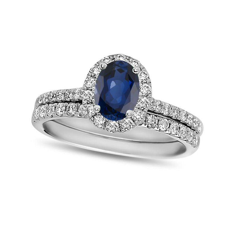 Image of ID 1 Oval Blue Sapphire and 063 CT TW Natural Diamond Frame Bridal Engagement Ring Set in Solid 14K White Gold