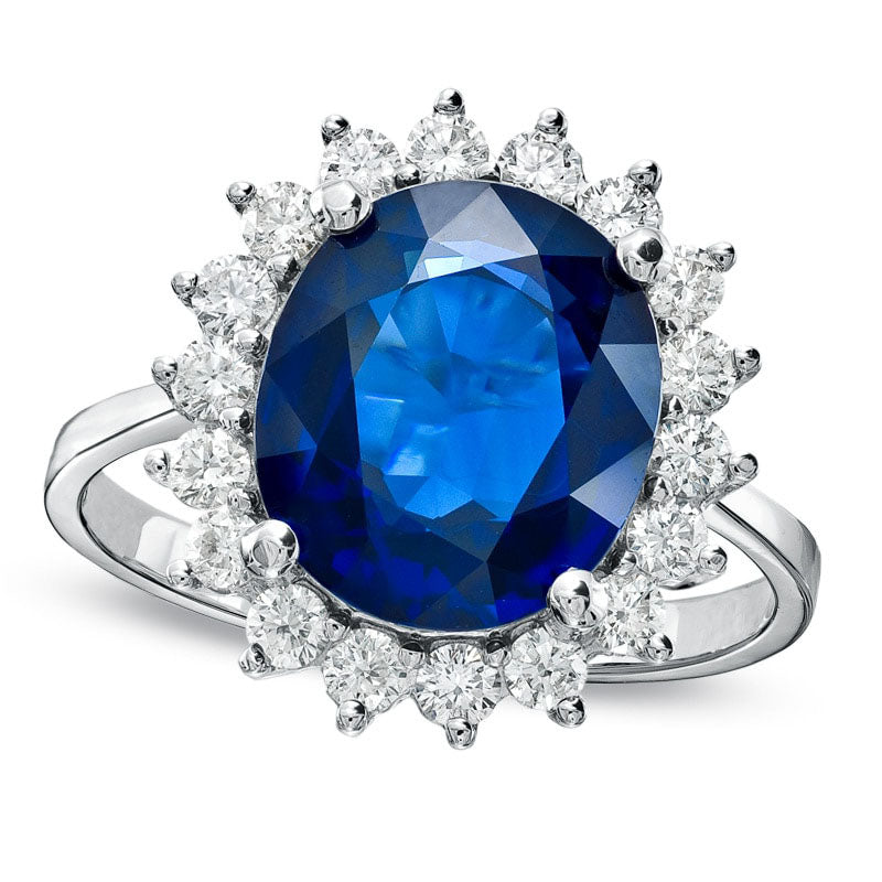Image of ID 1 Oval Blue Sapphire and 063 CT TW Natural Diamond Frame Engagement Ring in Solid 14K White Gold