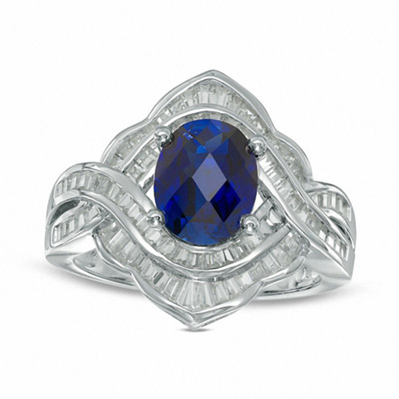 Image of ID 1 Oval Blue Sapphire and 075 CT TW Natural Diamond Frame Ring in Solid 10K White Gold