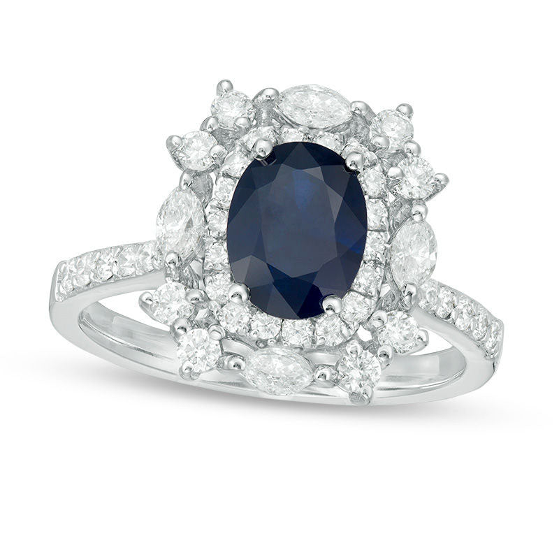 Image of ID 1 Oval Blue Sapphire and 10 CT TW Natural Diamond Cushion-Shape Starburst Frame Antique Vintage-Style Ring in Solid 14K White Gold