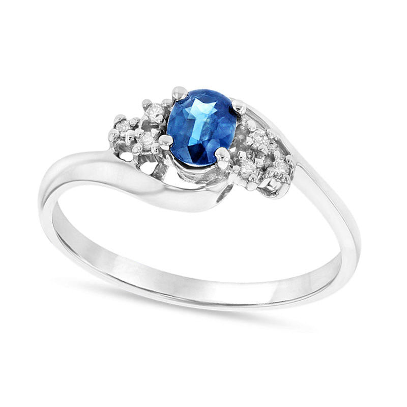 Image of ID 1 Oval Blue Sapphire and Natural Diamond Accent Tri-Sides Bypass Ring in Solid 14K White Gold