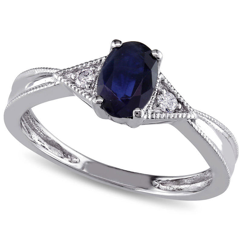 Image of ID 1 Oval Blue Sapphire and Natural Diamond Accent Triangle Sides Antique Vintage-Style Ring in Solid 10K White Gold